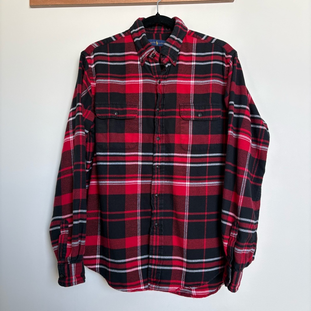 Ralph Lauren Men’s L Red Black Plaid Flannel Shirt Preppy Outdoors Cabin